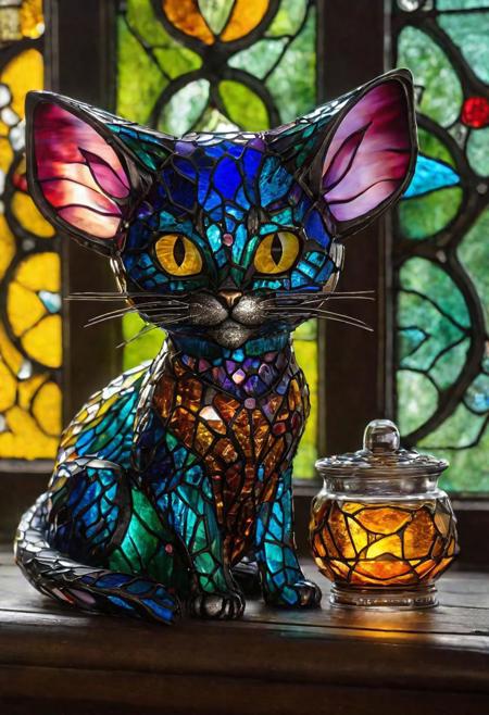 A realistic photo of ((Alchemist's magical helper creature)), photo is taken with a Canon EOS R5 and a Canon RF 100-500mm f/4.5-7.1L IS USM lens, ultra high quality, ultra high detailed ,Stained Glass, cat textured Glas, colored glass pieces, productscene, ral-amber, SLPASHTER_3-7000, splash, waterdrop