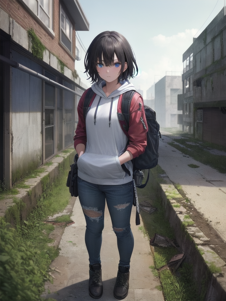 masterpiece, best quality, high resolution, blue eyes, post apocalyptic city, overgrown, ruins, 1girl, 18 years old, stand...