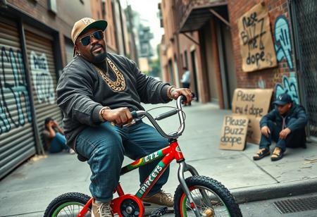 “Create a highly detailed, realistic photographic image captured with an aspherical Panavision 105mm lens effect. The scene features a big, heavyset rapper with a bold hip-hop style, inspired by Snoop Dogg and 50 Cent, riding a small, colorful young boy’s bicycle. The rapper wears large gold chains with diamond accents, oversized sunglasses, and a fitted cap turned slightly to the side. His outfit includes a baggy hoodie, jeans, and classic sneakers, with visible tattoos on his forearms. His expression is cool and confident, capturing classic hip-hop swagger. Nearby, a man sits on the sidewalk, casually smoking crack, adding to the gritty atmosphere of the scene. A cardboard sign on the wall reads, ‘Please BUZZ me 4 dope,’ enhancing the urban vibe. In the background, set in the Bronx, is a gritty urban environment with graffiti-covered walls and a hint of street activity, including someone discreetly smuggling a small, suspicious package. The scene combines realism with a dramatic urban vibe, highlighting hip-hop culture and the street’s raw atmosphere.”