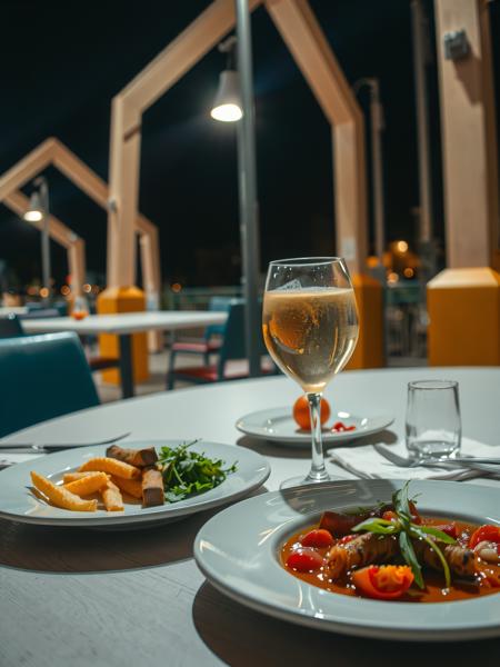 photo style: at night, photo at a restaurant table, some plates of food and glasses