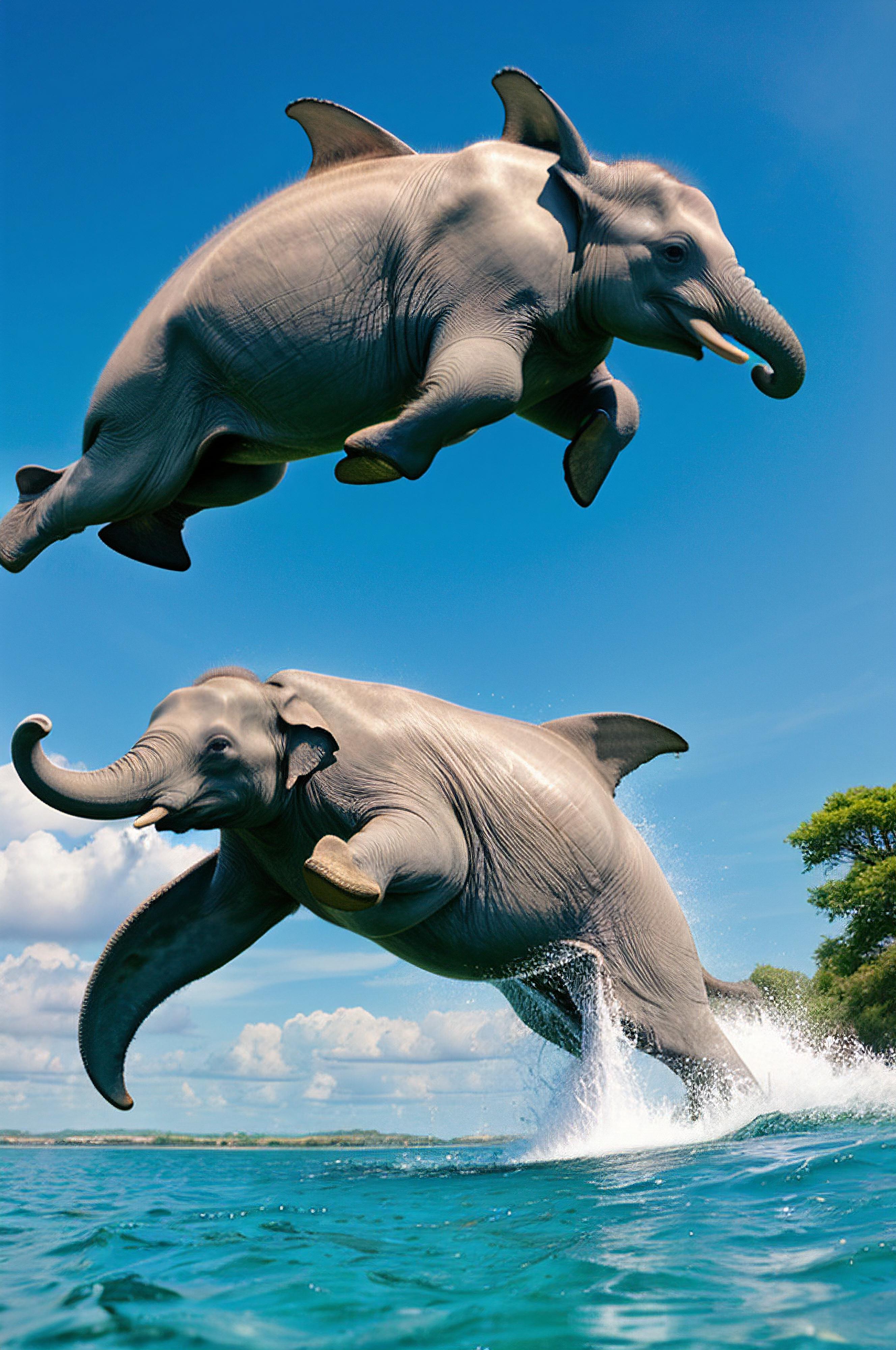 A pair of elephants jumping in the water, one on the left and one on the right.