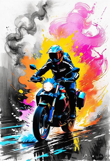 Pencil drawing, line drawing, charcoal and chalk drawing. Sketch. bold neon colors, cartoon style illustration of a big futuristic sports moto, splash art, splashed neon colors, (iridiscent glowy smoke)((motion effects)), best quality, walpaper art, UHD, centered image, MSchiffer art, ((flat colors)), (cel-shading style) very bold neon colors, ((high saturation)) ink lines, psychedelic environment, painting in the style of Anders Zorn, Alexi Brilo, Luisa Royo