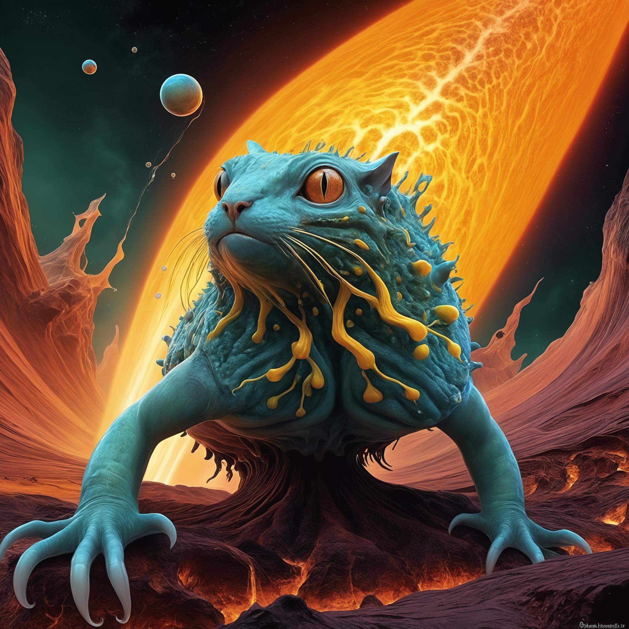 A blue, mutated cat with yellow eyes, sitting on a rock with a small planet in the background.