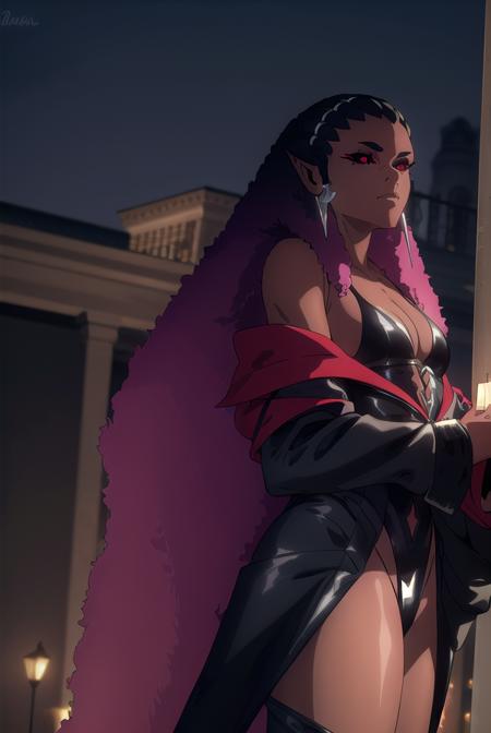 castlevaniadrolta, black hair, (red eyes:1.5), pointy ears, dark skin, dark-skinned female, colored sclera, black sclera, purple hair, gradient hair, two-tone hair, cleavage, jewelry, earrings, off shoulder, leotard, black leotard, pants, black pants,