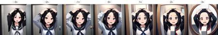 absurdres, higres, ultra detailed, face focus, solo, washroom, indoors, upper body,  pov,
1girl, forehead, open mouth, !?, (hands on own head:1.2), surprised, black hair, black serafuku, long sleeves, looking at mirror, no eyebrows, 
cinematic lighting, depth of field, HDR, ray tracing, perfect hands, 
<lora:envybetterhandsLocon_beta2:1> <lora:mayunashi_22222_8:-3><lora:maro_eyebrows_22222_8:0>