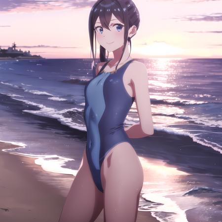 high quality, best quality, masterpiece, absurdres, rena hananoi, casual, 1girl, beach,  <lora:rena-new01:0.85>, blue swimsuit, smile, sunset