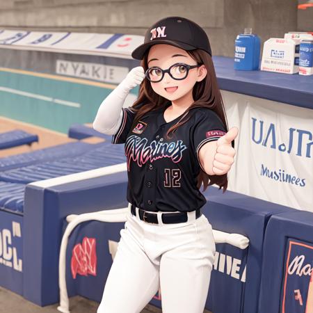 best quality, ultra-detailed, illustration,
1girl, solo, glasses, black hair, long hair, looking at viewer, happy, laughing, standing, thumbs up, 
BSW2023, baseball uniform, black shirt, baseball cap, white pants, belt, baseball stadium, 
 <lora:Chiba_Lotte_Marines_BSW2023_Uniform_SD15_V1:1>