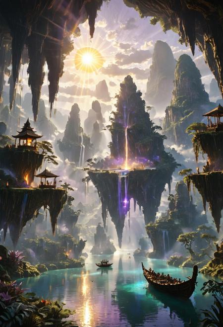 Majestic floating mountains inspired by the natural stone spires of Southeast Asia, covered in lush green tropical vegetation and partially shrouded in mist. A vast blue ocean surrounds a chain of floating islands suspended in the sky, with cascading waterfalls falling endlessly into the sea below. Warm sunlight filters through scattered clouds, creating golden sunbeams that illuminate the cliffs and treetops. A lone wooden boat with a lantern drifts quietly on a calm lake far below, with a figure sitting peacefully under a straw hat, wearing a loose white shirt. The sky is filled with soft purples and oranges of the late afternoon, creating a serene and magical atmosphere. Hyper-realistic details, cinematic lighting, natural colors, sharp focus, inspired by the landscapes of Avatar and Southeast Asian karst mountains. --floating island, cliff, ocean, mountain, jungle, clouds, sunbeam, realistic nature, dreamy
<lora:crazy landscape:0.8>