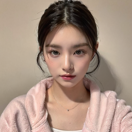 yiren, 1girl, detailed eyes, detailed iris, detailed face, (upper full body:1.2), ((straight on:1.3)), beautiful hair, (looking at the viewer:1.2), (wearing pink jacket,:1.2) beautiful face, beautiful expression, (medium breast:1.2), (photorealistic:1.3), high quality, highres, realistic, <lora:sayhello0o-everglowyiren:0.87>