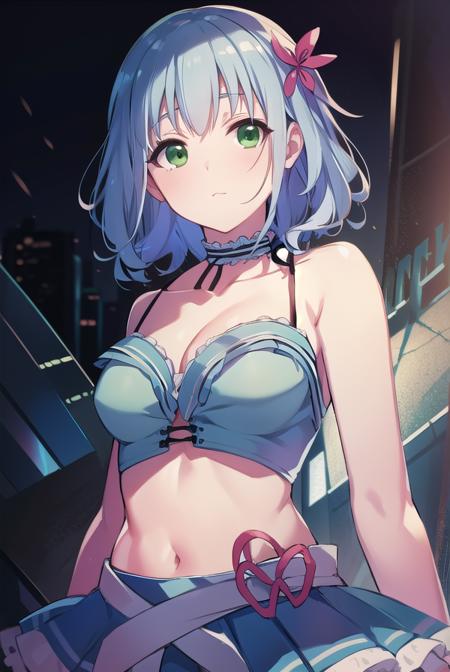 muse, blue hair, (green eyes:1.5), short hair, hair ornament, choker, frills, midriff, miniskirt, navel, skirt,