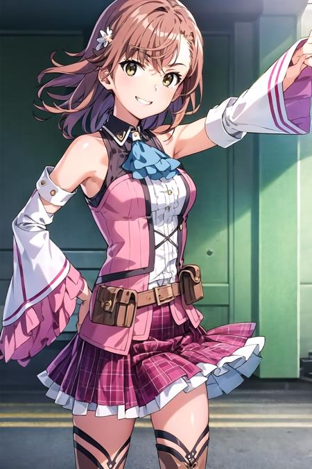 masterpiece, best quality, detailed face,ultra hi res,(illustration:1.3),(game cg:1.2)
1girl, solo,
<lora:kiseki_nadia_cos_V1:0.8:lbw=ALL>,
nadia_cos,
thighhighs: , skirt,  plaid skirt, detached sleeves,  ascot,frills, black thighhighs , belt,belt pouch, pouch, pleated skirt,miniskirt,zettai ryouiki,frilled skirt, red skirt,bare shoulders,long sleeves,pink skirt,pink dress,
knee boots,brown footwear,
dynamic pose,cowboy shot,
 <lora:flat2:-0.2> ,
<lora:ACertainMagicalIndex_v1:0.6>,
Misaka Mikoto,
light smile,happy