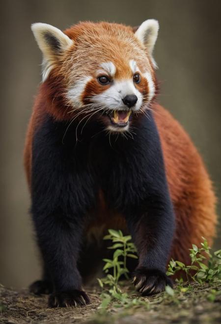 Nikon Z9, NIKKOR Z 400mm f/2.8 TC VR S, photograph of a red panda, smile, high resolution, high contrast, ray og light, light on the eyes, hard shadow, ENF, Embarrassed, from distance, national geographic cover