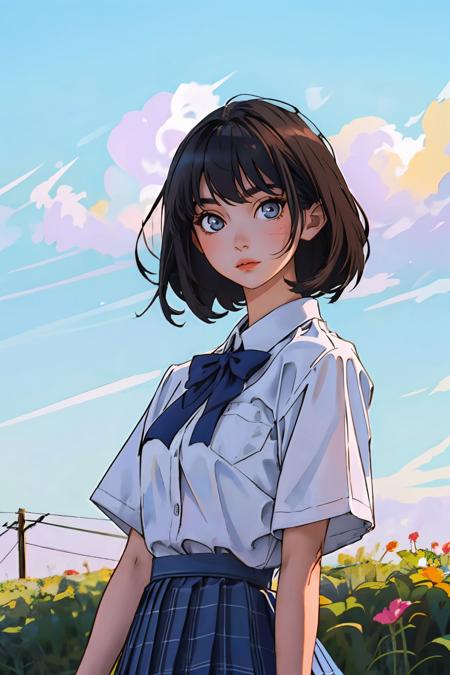 best quality, jk, 1girl, solo, looking at viewer, medium hair,  black hair,  closed mouth,  white shirt, outdoors,  lips, blue skirt,  blue bowtie, upper body,   <lora:jk_v2:0.6>