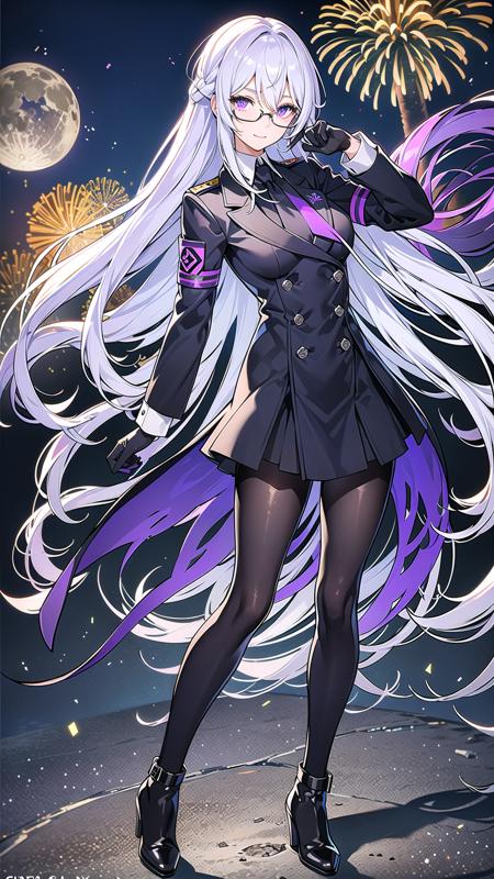 masterpiece, best quality,hoduraether, 1girl, solo, pantyhose, long hair, necktie,standing, night sky, background, fireworks, festival, black footwear, boots, gloves, double-breasted, armband, buttons, braid, black uniform, glasses, bangs, long sleeves, shirt, black pantyhose, hair between eyes, collared shirt, purple eyes, black miniskirt, white shirt, black gloves, purple necktie, white hair, military uniform, black pantyhose, <lora:HodurAetherGazerV1,0:1>