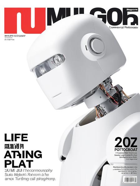 magazine cover, commercial photography, By MUJI <lora:muji_v1.0_XL:1>
a robot, half body shot, studio light