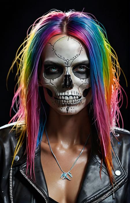 hyperrealistic mixed media painting of a victoria secret model skull woman with rainbow hair, stitched together, soft eyes and narrow chin, dainty figure, long hair straight down, combat boots, wet t shirt, wet, raining, dim volumetric lighting, 8 k octane beautifully detailed render, post - processing, portrait, extremely hyper - detailed, intricate, epic composition, cinematic lighting, masterpiece, trending on artstation, very very detailed, masterpiece, stunning