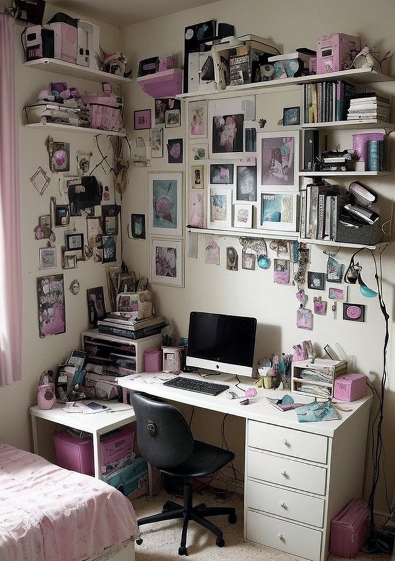 A cluttered room with a desk, computer, and lots of pictures on the wall.