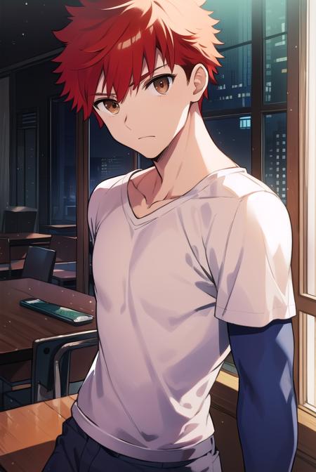 shirouemiya, <lyco:shirouemiya-LYCORIStest:1>, 
shirou emiya, 1boy, (red hair:1.5), spiked hair, (brown eyes:1.5), mature male,
BREAK blue pants, collarbone, pants, shirt, long sleeves, white shirt, raglan sleeves,
BREAK looking at viewer,
BREAK indoors, classroom,
BREAK <lora:GoodHands-vanilla:1>, (masterpiece:1.2), best quality, high resolution, unity 8k wallpaper, (illustration:0.8), (beautiful detailed eyes:1.6), extremely detailed face, perfect lighting, extremely detailed CG, (perfect hands, perfect anatomy),