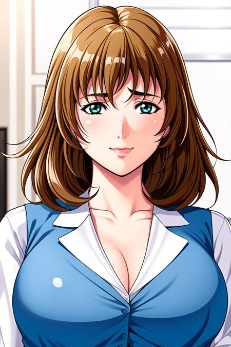 Simple White Background,
Business_suit,long sleeves, white shirt, blue vest,
<lora:Kimisaki_Hiromi_Kisaku-KK77-V2:0.7>,office lady, 
green eyes ,brown hair,Bangs,medium hair,
<lora:Oda_Non_Style-KK77-V2:0.3>,<lora:more_details:0.1>,
1 girl, 20yo,Young female,Beautiful Finger,Beautiful long legs,Beautiful body,Beautiful Nose,Beautiful character design, perfect eyes, perfect face,expressive eyes,perfect balance,
looking at viewer,(Focus on her face),closed mouth, (innocent_big_eyes:1.0),Light_Smile,
official art,extremely detailed CG unity 8k wallpaper, perfect lighting,Colorful, Bright_Front_face_Lighting,shiny skin,
(masterpiece:1.0),(best_quality:1.0), ultra high res,4K,ultra-detailed,
photography, 8K, HDR, highres, absurdres:1.2, Kodak portra 400, film grain, blurry background, bokeh:1.2, lens flare, (vibrant_color:1.2),professional photograph,
(Beautiful,large_Breasts:1.4), (beautiful_face:1.5),(narrow_waist),