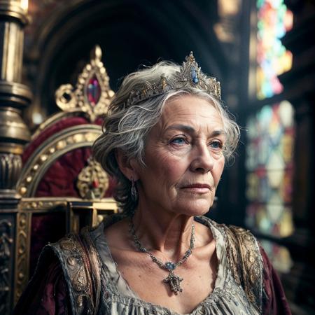 highly detailed horro photo of (rpgroyalty:1.0) in a medieval throne room,

old, jewelry, white hair, old woman, crown,
walking through the palace,

looking at viewer, 

realistic:1.1, depth of field, blurry, blurry background,


photorealistic,
ultra photoreal,
32k, 
stained glass,
light beams,







