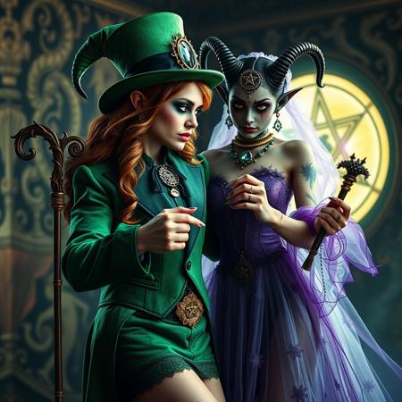 beautiful feminine leprechaun, horror makeup, shemrock jewellery , ornate shillelagh, blush, thighs, highly detailed,  tight green jacket, short skirt, slow dancing with beautiful curvy satanic goblin, horror, translucent purple ball gown, black makeup, detailed background, pentagram jewellery, long colourful finger nails