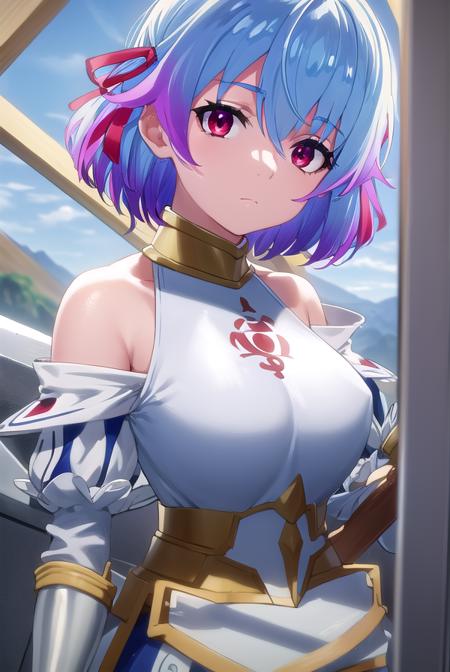 rutiragnason, <lora:ruti ragnason s1-lora-nochekaiser:1>,
ruti ragnason, short hair, (red eyes:1.3), ribbon, blue hair, hair ribbon, ahoge,
BREAK dress, bare shoulders, detached sleeves, armor, breastplate,
BREAK outdoors,
BREAK looking at viewer, (cowboy shot:1.5),
BREAK <lyco:GoodHands-beta2:1>, (masterpiece:1.2), best quality, high resolution, unity 8k wallpaper, (illustration:0.8), (beautiful detailed eyes:1.6), extremely detailed face, perfect lighting, extremely detailed CG, (perfect hands, perfect anatomy),