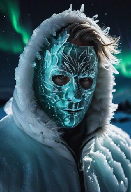 high quality, photo of 30 y.o Scandinavian man, upper body, mask of translucent ice covering face, white eyelashes, detailed face, cinematic shot, dramatic lighting, arctic, aurora borealis