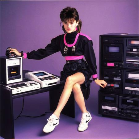 tailleur, houdstooth, formal wear, 1980s fashion, new wave aesthetics, neon colors, (((nec pc-8801))), videocassette recorder, cd player, hi-fi rack, corded phone, stereo, (((1980s (style)))), 1girl, sneakers