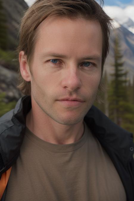 portrait of a handsome man, gp13rc3, stunning eyes, looking at viewer, upper body, hiking in alaska, touque