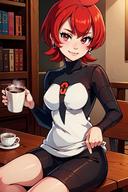 zzMars, red eyes, red hair, short hair, cowlick, zzMars, red eyes, red hair, short hair, cowlick, white dress, black pantyhose