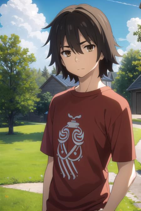 jintayadomi, <lora:jinta yadomi s1-lora-nochekaiser:1>,
jinta yadomi, black hair, male focus, (brown eyes:1.3),
BREAK shirt, pants, t-shirt, red shirt,
BREAK outdoors, house, fields, grass, sky, sun, clouds,
BREAK looking at viewer, (cowboy shot:1.5),
BREAK <lyco:GoodHands-beta2:1>, (masterpiece:1.2), best quality, high resolution, unity 8k wallpaper, (illustration:0.8), (beautiful detailed eyes:1.6), extremely detailed face, perfect lighting, extremely detailed CG, (perfect hands, perfect anatomy),