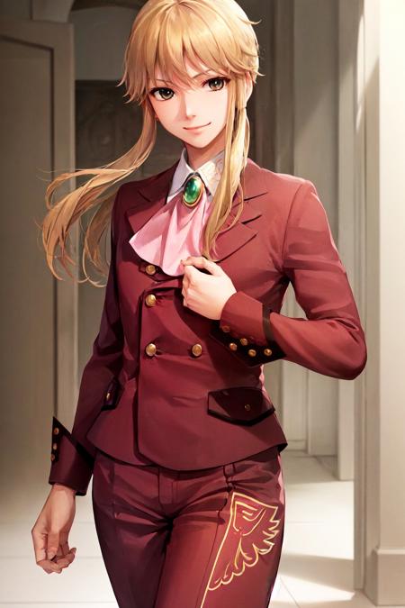 (masterpiece, best quality:1.2), <lyco:umineko_ushiromiyalion-10:1.0>, cowboy shot, solo, male focus, 1boy, ushiromiya lion, androgynous, smile, closed mouth, looking at viewer, arms at side, ponytail, formal, suit, ascot