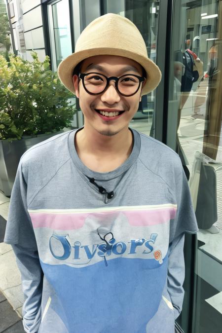 1boy , ,smile, solo,upper body , outdoors,  <lora:Celebrity-haha_donghoon_v1:0.8>,glasses, haha, haroro,hat,