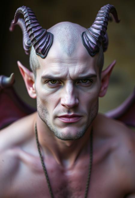 Handsome demon man with lavender skin and curling purple horns. Photograph 35mm.
