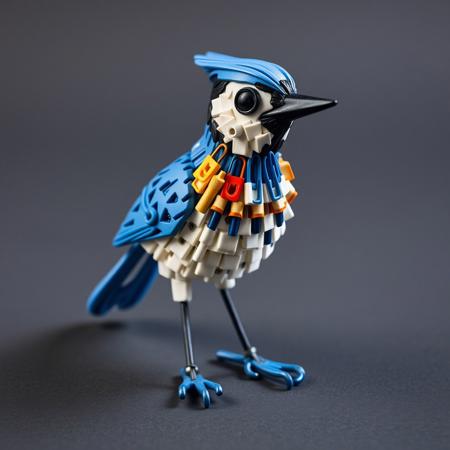 A small statuette of a Blue Jay, constructed from colorful office supplies like paperclips and pencils