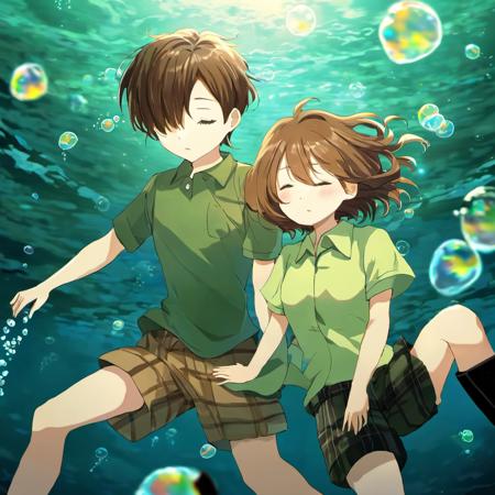 a boy and a girl, who are falling into the water. They are drowned in the water. The scene takes place in under the sea, possibly a lake or an ocean, giving the underwater a dramatic and poignant atmosphere, depth of field, cinematic compositions, best lighting, 1girl, 1boy, long hair, brown hair, plaid shirt, shirt, plaid, underwater, closed eyes, green shirt, pants, short sleeves, shoes, short hair, shorts, boots, drowning, bubble, underwater, floating hair, black footwear