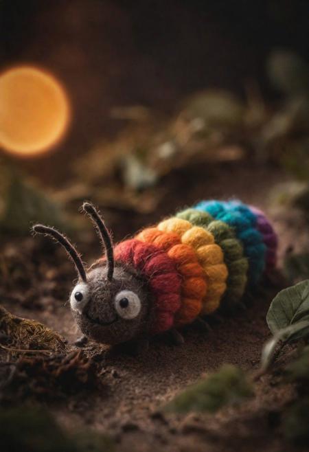 Blade Runner Style, Craft a heartwarming description for this adorable photo: Picture a small, simple, cuddly felt Brown Caterpillar from above. The scene is so sweet that it melts even the toughest hearts. Describe the loving atmosphere created by the combination of felt, smiles, and hearts.