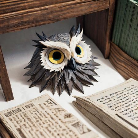RAW photo, 8k uhd, Analog style, (Masterpiece, Best Quality, Highres:1.3), dramatic, cinematic, (paper-cut craft:1.3), BREAK,
intricate (paper-cut craft:1.4) of mysterious intricate ornamented (owl:1.4), (beige square photo-frame:0.7), circle mask, (forest, mountain:1.3), (winter, moon:0.5), (green, blue, brown, white:1.1), (black, gold:0.8), (paper-cut craft, colorful, layers, flat, fabulous, children's book:1.2), cardboard, bronze, (hyperdetailed, absurdres:1.1), BREAK,
<lora:more_details:0.1>