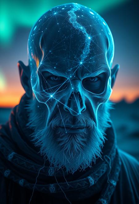 A symmetric portrait of a male, evil frozen necromancer, features dissolving into frozen magic thin, luminescent blue lines. Weighted Voronoi stippling and laser caustics create a network, transitioning from hyperrealistic detail to abstract, quantum-inspired forms. Ethereal hues blend, evoking existential transition and mystery. Close-up on face, evil skull partially visible. Set against a twilight arctic backdrop, icy winds ripple through his tattered robes. Rendered in a fusion of photorealism and digital surrealism, the scene is illuminated by ghostly Northern Lights. Emphasis on cold, menacing atmosphere, invoking Nordic myths