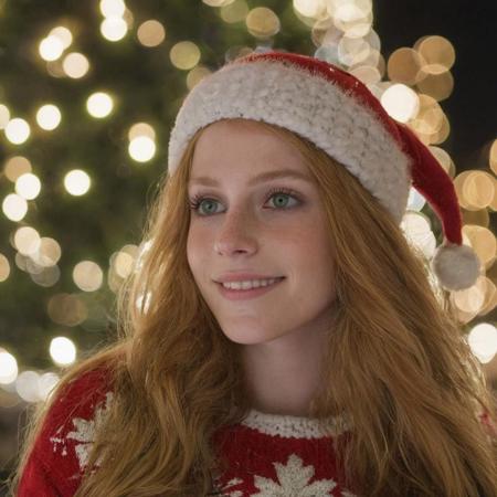 side view, looking out of frame, a gorgeous 21 y.o woman, green eyes, strawberry blonde hair, long straight hair, happy, cheery, wearing a christmas sweater, wearing a christmas hat, (looking at a giant christmas tree:1.5), on a big city square, at night,  snow, natural skin, skin moles, skin pores, goosebumps, high detailed, (cinematic, film grain:1.1)