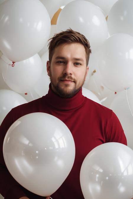 IainStirling, fashion portrait photo of handsome bearded man from the 60s wearing a (red turtleneck:1.1) standing in the middle of a ton of (white balloons:1.1), taken on a hasselblad medium format camera <lora:IainStirlingLora:1>