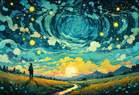 Art by James R. Eads, Swirling and flowing lines define the vivid landscapes and sky, drawing inspiration from Van Gogh's Starry Night. each piece appears as a vision or a dream with psychedelic colors and a sense of movement that suggests a connection to the spiritual or metaphysical world. the style is heavily influenced by the natural world and uses bright and contrasting colors to add depth and emotion. by Satori Canton, acrylic painting, trending on pixiv fanbox, palette knife and brush strokes, style of makoto shinkai jamie wyeth james gilleard edward hopper greg rutkowski studio ghibli genshin impact<lora:xl_more_art-full_v1:0.3>