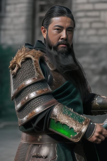 male ,full body ,(green metal armor, metal dragon head on the shoulder, holding sword, (colored skin, ),(long heavy black beard):1.2), (green metal armor with intricate pattern:1.2), gloves, long pants, (insanely detailed, bloom:1.5), (highest quality, concept art, 4k), (analog:1.2), (high sharpness), (detailed pupils:1.1), (painting:1.1), (digital painting:1.1), detailed face and eyes, Masterpiece, best quality, (highly detailed photo:1.1), 8k, photorealistic, (dark hair color, dynamic short hair), (pureerosface_v1:0.2), [:(detailed face:1.2):0.2], sharp, realistic, real shadow, (Chinese castle background:1.2),