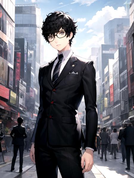 masterpiece, best quality, 1boy, solo, male focus, dsjoker, black hair, short hair, grey eyes, glasses, suit, dress shirt, necktie, pants, standing, outdoors, city, cowboy shot, (soejima shigenori, persona 5:0.8)
 <lyco:dsjoker_lc_768:1>