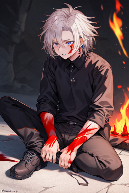 daybitsemvoid, parted lips, black shirt, twitter username, blood, fire, full body, tattoo, white hair, solo focus, sitting