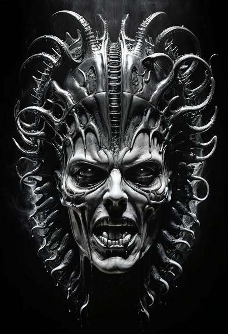 head exploding, chiaroscuro lighting, in the style of (H.R. Giger), background is darkness, pure black, horror,