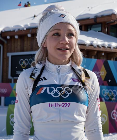 young KaiMaeka wearing a skiing dress and is cross-country skiing in the snow, at the finish-line at the olympics, with alpes mountains behind her, closeup chest view, starting number on her shirt,cheering audience on the ranks of ski-stadium, <lora:detail_slider_v4:3>, <lora:epiCRealLife:1>