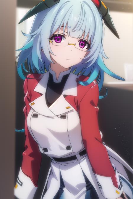 kanzashisarashiki, <lora:kanzashi sarashiki s2-lora-nochekaiser:1>,
kanzashi sarashiki, (red eyes:1.3), blue hair, glasses, semi-rimless eyewear,
BREAK school uniform, ribbon, blue ribbon, long sleeves, (red trim:1.2), uniform, military uniform, (white military uniform:1.5),
BREAK indoors, classroom,
BREAK looking at viewer, (cowboy shot:1.5),
BREAK <lyco:GoodHands-beta2:1>, (masterpiece:1.2), best quality, high resolution, unity 8k wallpaper, (illustration:0.8), (beautiful detailed eyes:1.6), extremely detailed face, perfect lighting, extremely detailed CG, (perfect hands, perfect anatomy),