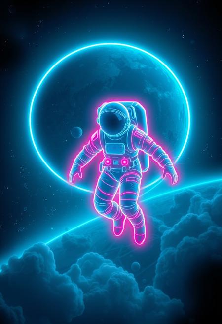 a neon drawing of an astronaut floating in space, digital art by Mór Than, unsplash contest winner, space art, sci-fi, retrowave, synthwave