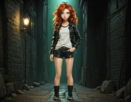 stylized digital anime image of Alina01 standing alone in a dark alley at midnight, with long and curly natural red hair, freckles, big emerald green eyes, wearing a black leather jacket over a white tshirt, with ripped cut-off jean shorts and black boots, incandescent street lamp lighting